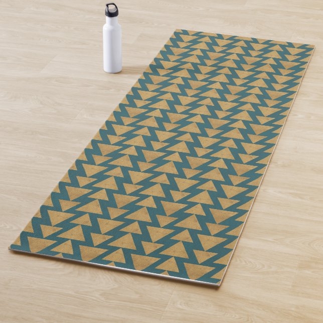 Outdoor Geo Step | Gold & Dark Teal Pattern Yoga Mat (In Situ)