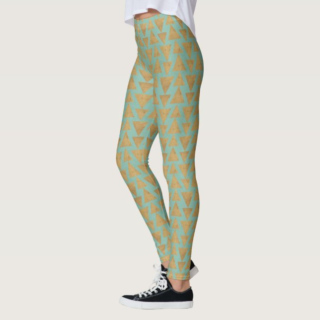 Outdoor Geo Step | Gold & Teal Pattern Leggings (Left)