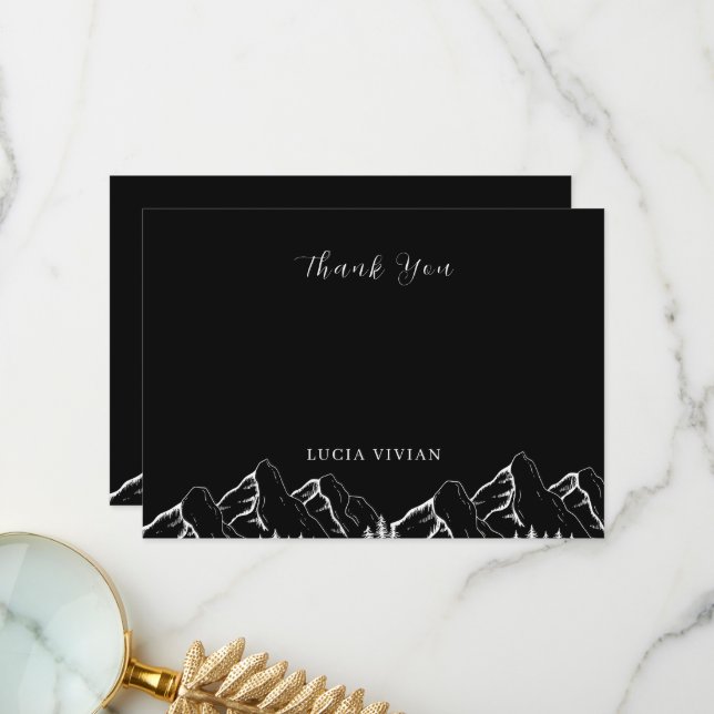 Outdoor Mountains Pine Tree Black Bridal Shower Thank You Card (Front/Back In Situ)