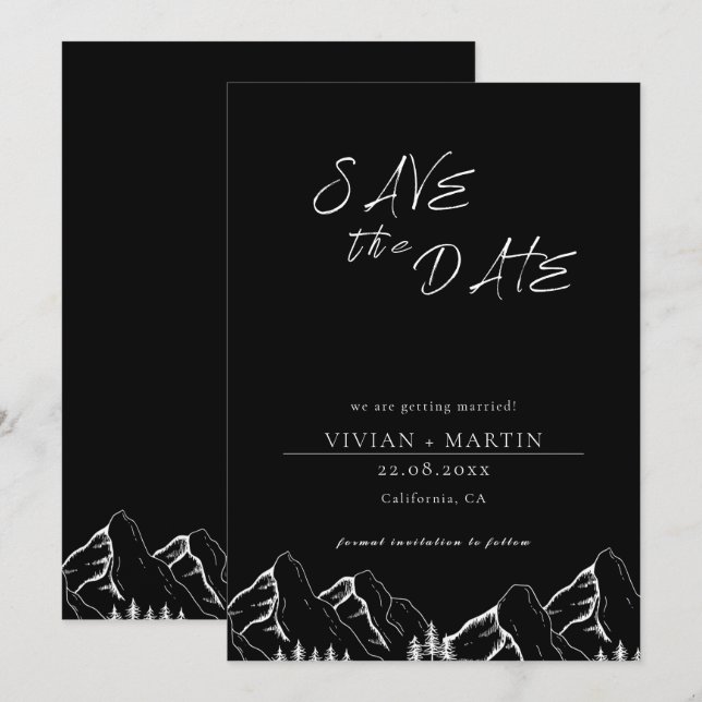 Outdoor Mountains Pine Tree Black Save The Date Invitation (Front/Back)