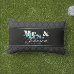 Outdoor Mr and Mrs throw pillow for newlyweds<br><div class="desc">Personalized Mr and Mrs outdoor throw pillow elegant style. Cute outside wedding gift idea for newly weds. Personalize with name of bride and groom / husband and wife. Classy pattern design with stylish typography. Script text. Teal blue / turquoise, grey, white and black colours with diamond shape pattern. Sylish home...</div>