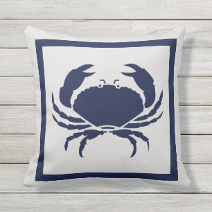 Outdoor Nautical CRAB Navy Blue on grey Pillow