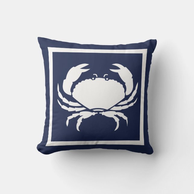 Outdoor Nautical CRAB white on  navy pillow (Front)