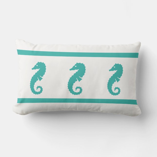 Outdoor peacock blue and white  SEAHORSE Lumbar Pillow (Front)