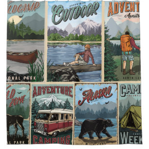 Outdoor recreation vintage posters set with canoe