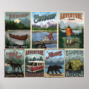 Outdoor recreation vintage posters set with canoe 