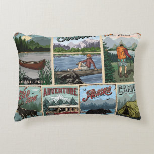 Outdoor recreation vintage posters set with canoe  accent pillow