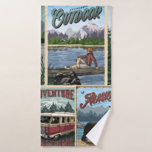 Outdoor recreation vintage posters set with canoe bath towel