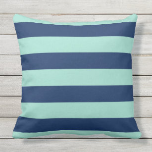Outdoor Seafoam Green and Navy Stripes Throw Pillow