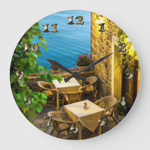 Outdoor Tables at Resturant Large Clock