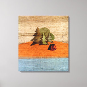 Outdoor Tent Camping in the Woods Woodgrain Look Canvas Print
