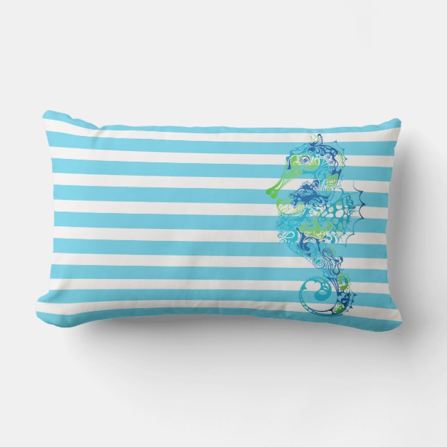 Outdoor Throw Pillow-Stripes & Seahorse Lumbar Pillow (Front)