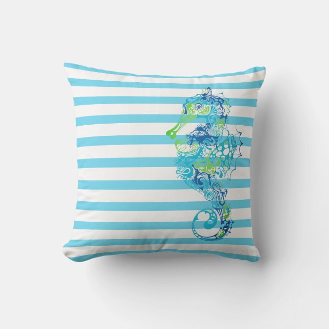 Outdoor Throw Pillow-Stripes & Seahorse Outdoor Pillow (Front)