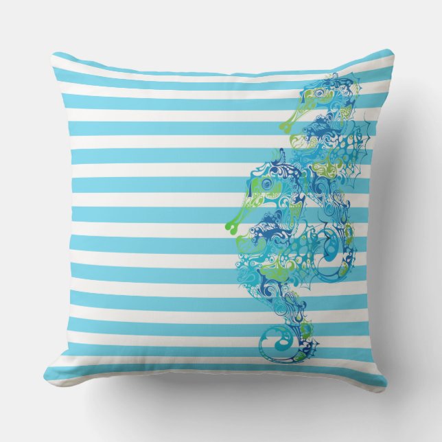Outdoor Throw Pillow-Stripes & Seahorse Outdoor Pillow (Front)