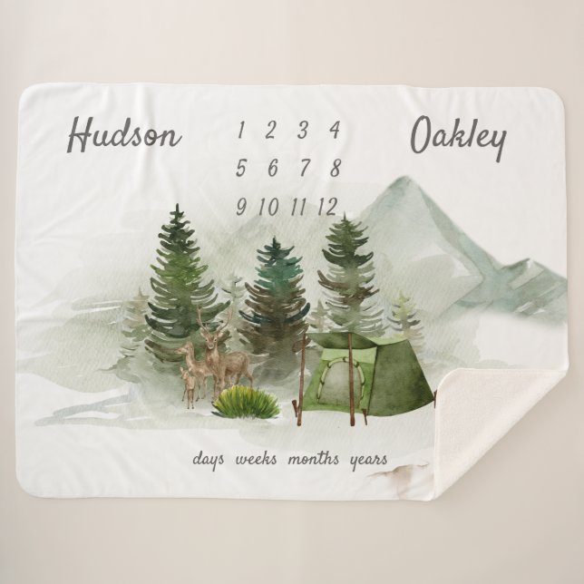 Outdoors Camping Adventure Twins Milestone Sherpa Blanket (Front (Horizontal))