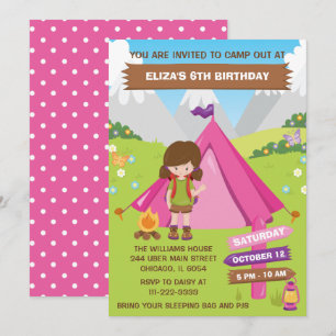 Outdoors Camping Birthday Party Brown Hair Girl In Invitation