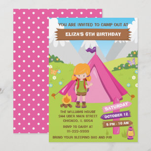 Outdoors Camping Birthday Party Red Hair Girl Invi Invitation