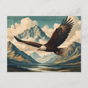 Outdoorsman bald eagle mountain range holiday postcard