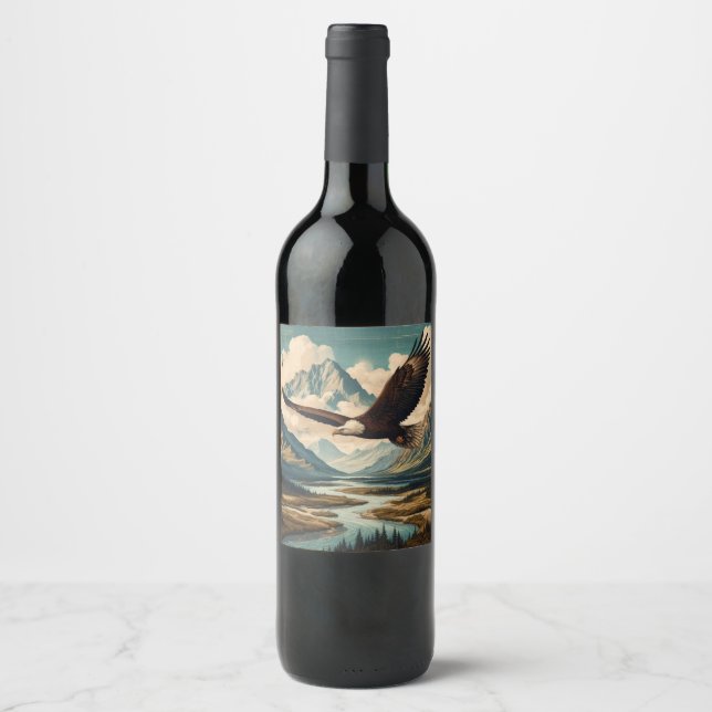 Outdoorsman bald eagle mountain range wine label (Front)