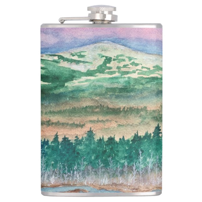 Outdoorsman Flask Mt Monadnock NH Watercolor Art  (Front)