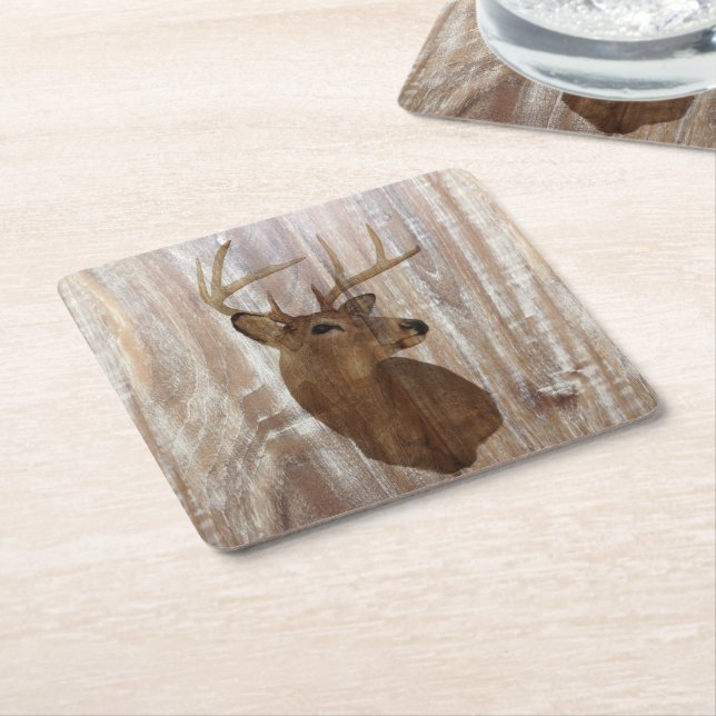 Outdoorsman Western Primitive barn wood deer Square Paper Coaster (Angled)