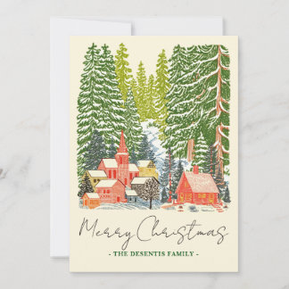 Outdoorsy Mountain Town Linocut Christmas Photo Holiday Card