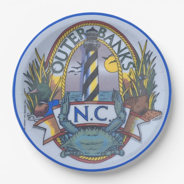 Outer Banks Crab & Lighthouse Paper Plates (Front)