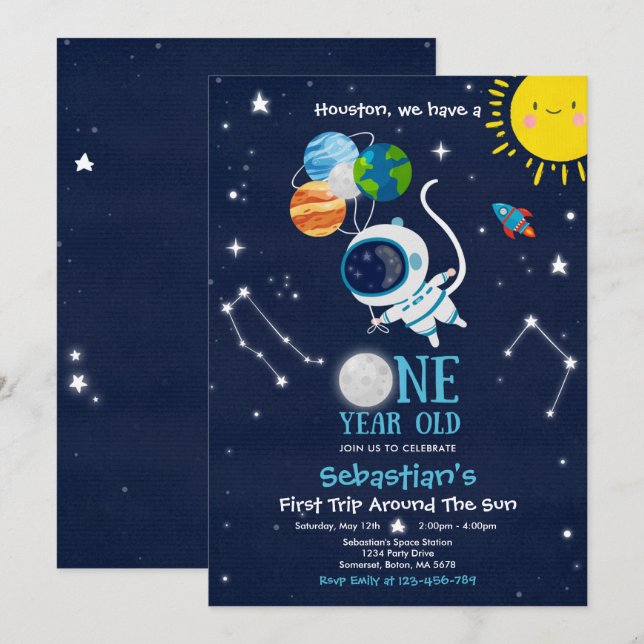 Outer Space 1st Birthday Party Astronaut Rocket Invitation (Front/Back)