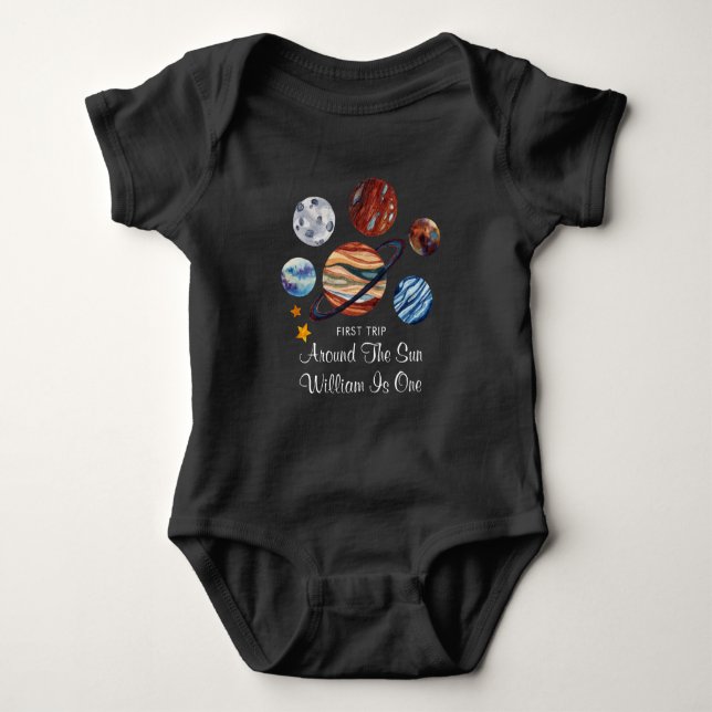 Outer Space 1st Trip Personalized Birthday Baby Bodysuit (Front)