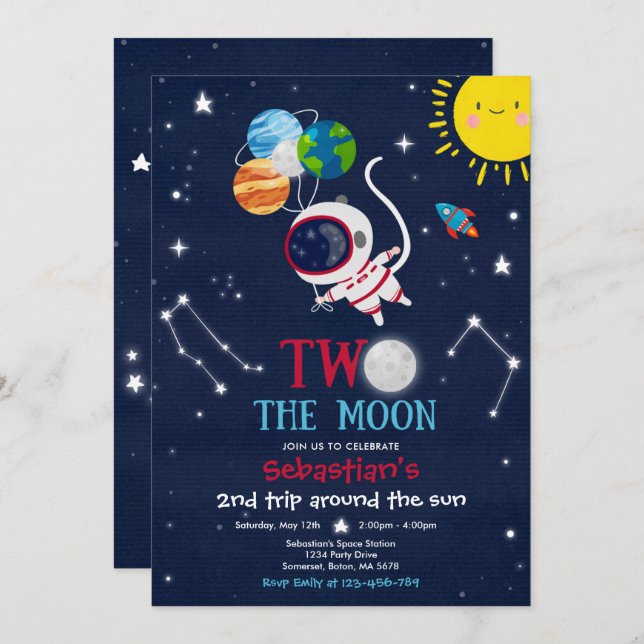Outer Space 2nd Birthday Party Astronaut Rocket Invitation (Front/Back)