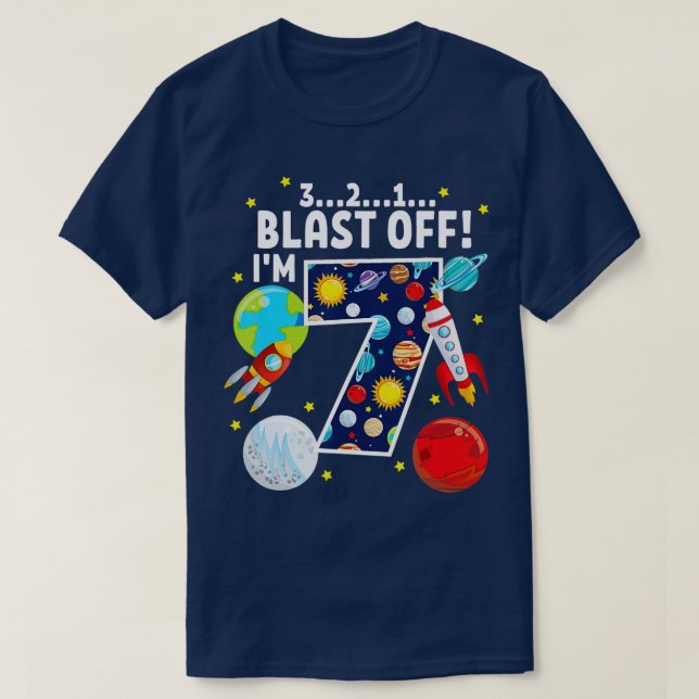 Outer Space 321 Blast Off Age 7 7th Birthday Party T-Shirt (Design Front)