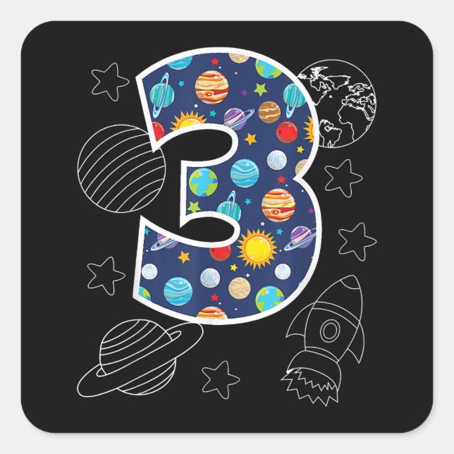 Outer Space 3 Year Old 3rd Birthday Party Boys Gir Square Sticker (Front)