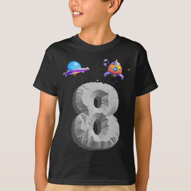 Outer Space 8 Year Old 8th Birthday Party Boy Girl T-Shirt (Front)