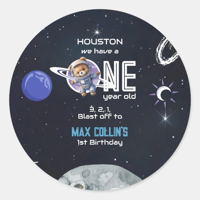 Outer Space Astronaut 1st Birthday Classic Round Sticker (Front)