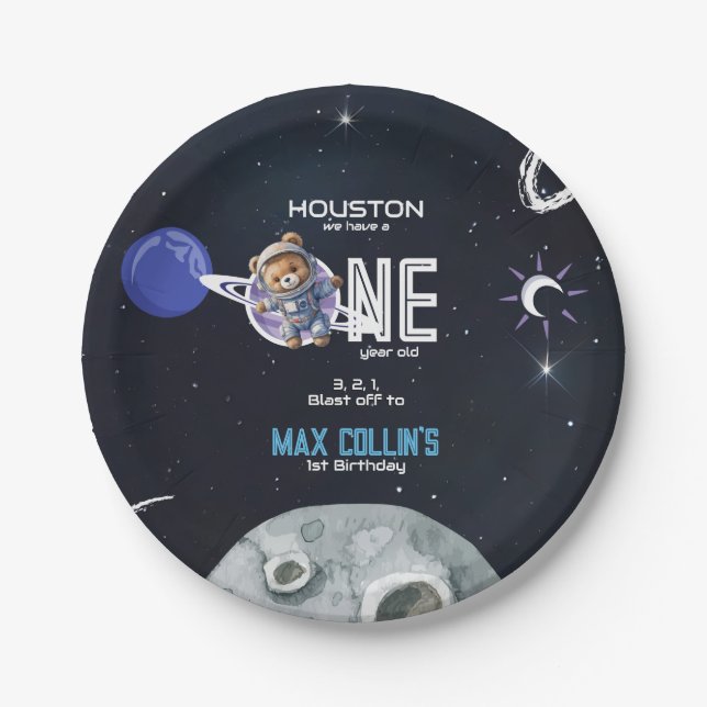Outer Space Astronaut 1st Birthday Paper Plate (Front)