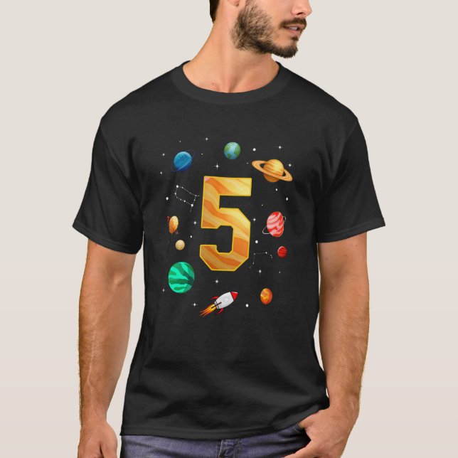 Outer Space Astronaut 5th Birthday Boy 5 Year Old  T-Shirt (Front)