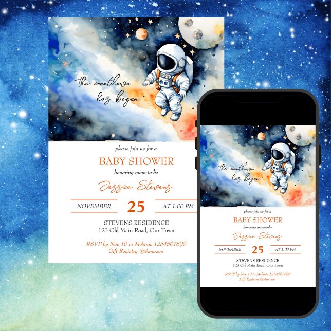 Outer space astronaut baby shower template (Outer space astronaut baby shower editable template invitation digital download watercolor galaxy)