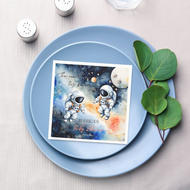 Outer space astronaut baby shower template napkin (Outer space astronaut twins baby shower napkins template monogrammed customized napkins table decor)