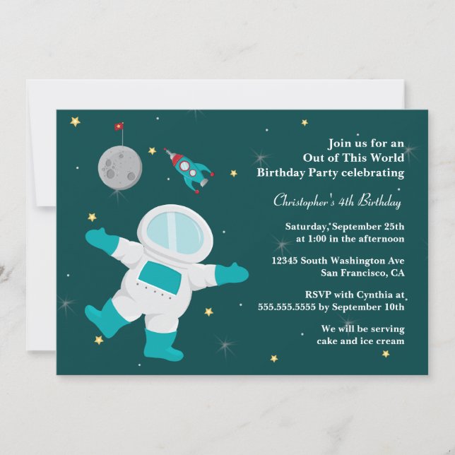 Outer space astronaut birthday party invitation (Front)