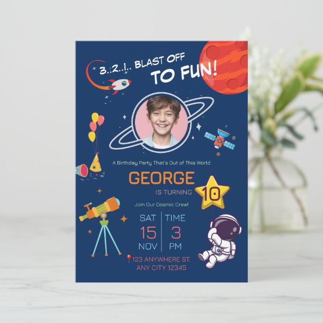 Outer Space Astronaut Birthday Party Invitation (Standing Front)