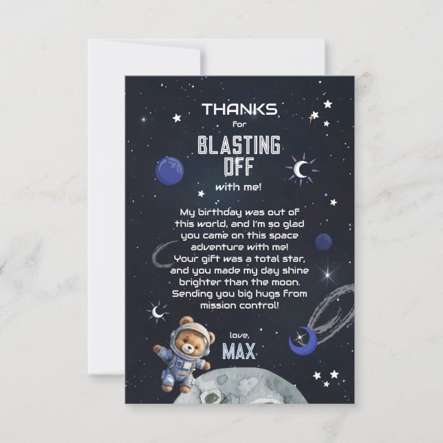 Outer Space Astronaut Birthday Thank You Card (Front)