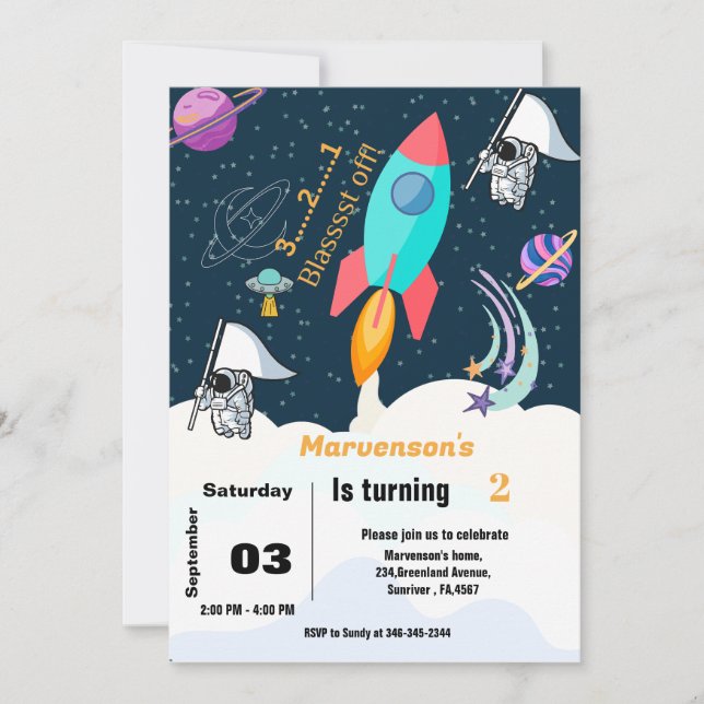 Outer space  astronaut boy birthday  invitation (Front)