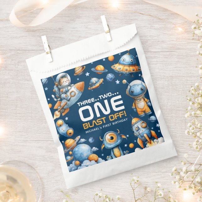 Outer Space Astronaut Cat  Blast Off 1st Birthday  Favour Bag (Clipped)