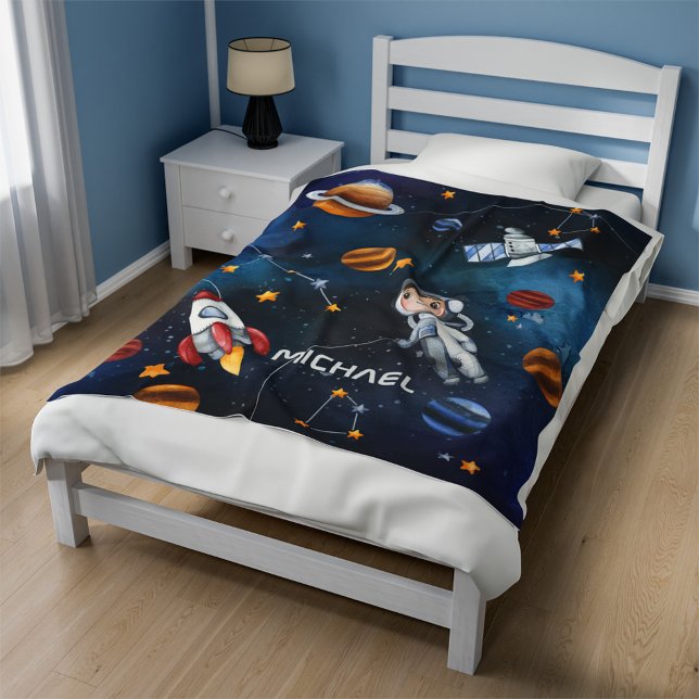 Outer Space Astronaut Moon Stars Personalized Fleece Blanket (Outer Space Astronaut Boy Personalized Sherpa Blanket)