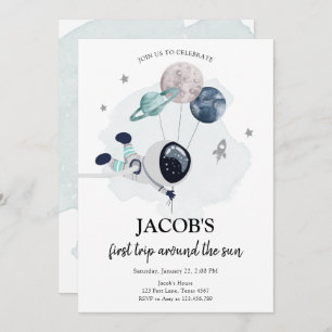 Outer Space Astronaut Orange Boy First Birthday In Invitation