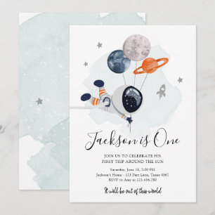 Outer Space Astronaut Orange Boy First Birthday Invitation