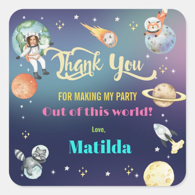 Outer Space Astronaut Planets Girl Birthday Photo Square Sticker (Front)