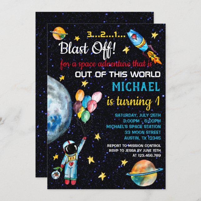 Outer Space Astronaut Rainbow Balloons Rocket Invitation (Front/Back)
