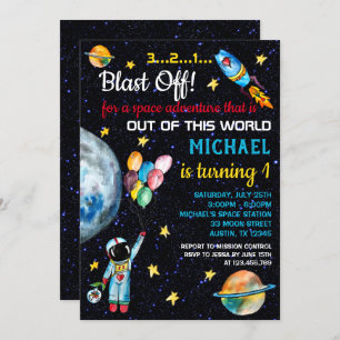 Outer Space Astronaut Rainbow Balloons Rocket Invitation