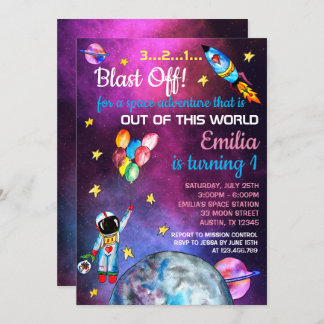Outer Space Astronaut Rainbow Balloons Rocket Moon Invitation